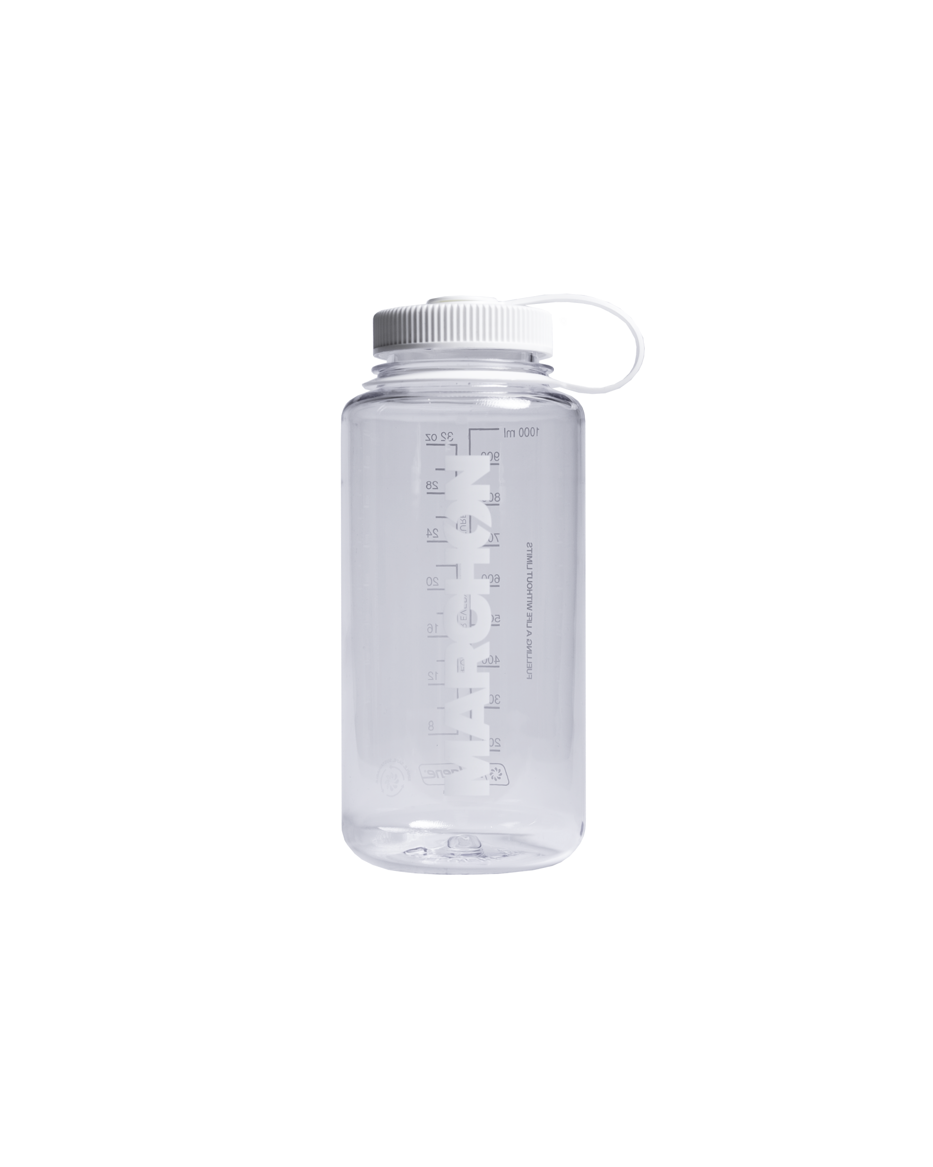 A clear, solid white 1L Nalgene water bottle with a cap and a handle.