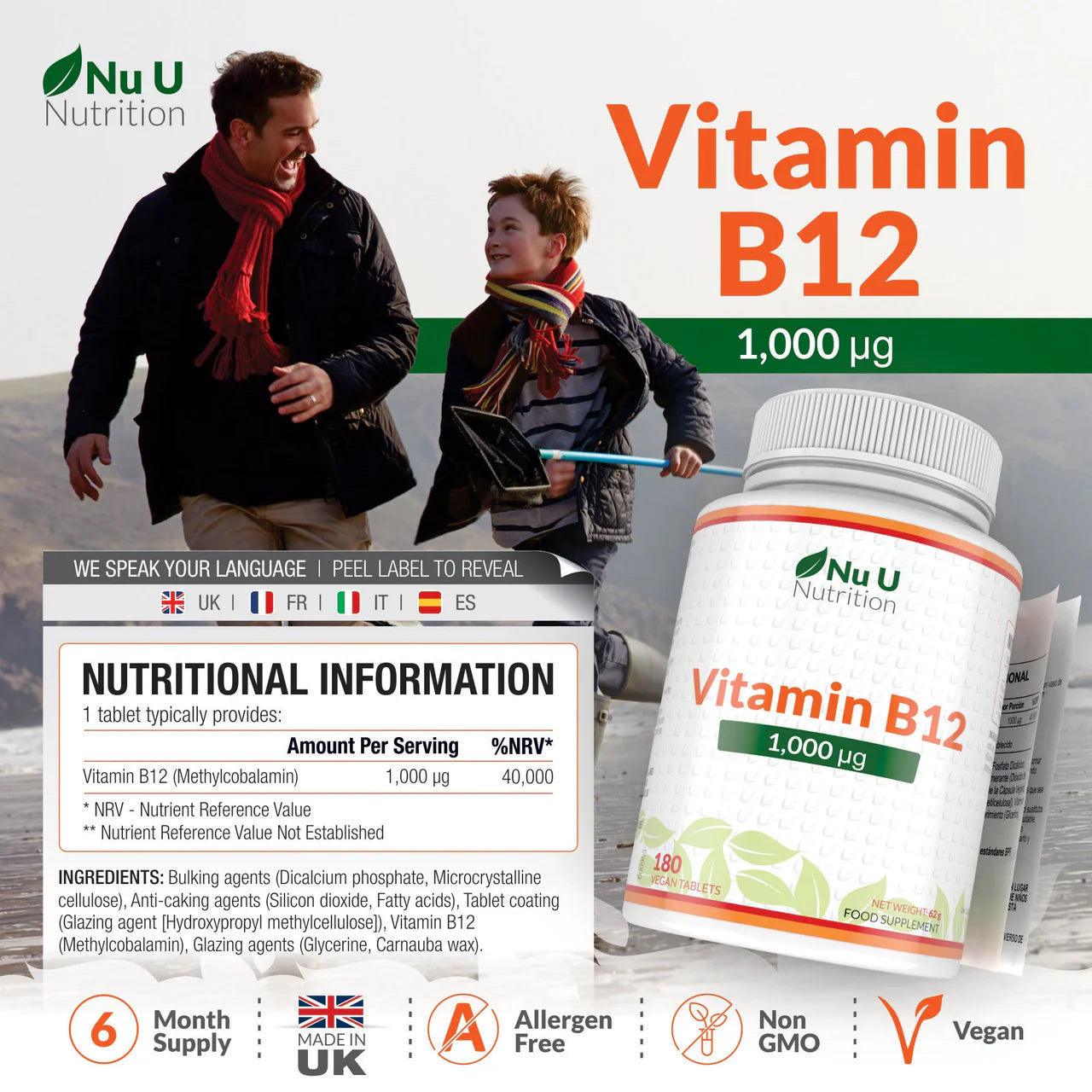 Nu U Nutrition Vitamin B12 1000μg - 180 Vegan Tablets