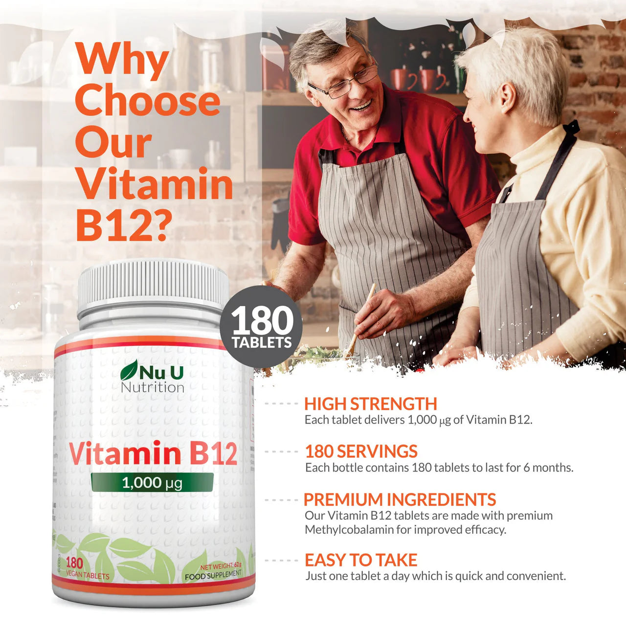 Nu U Nutrition Vitamin B12 1000μg - 180 Vegan Tablets