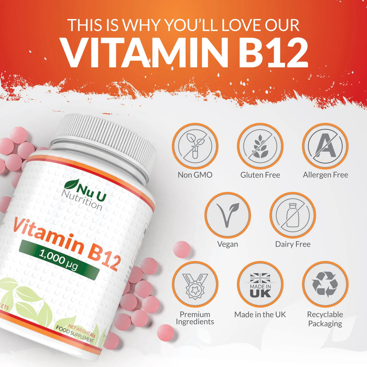 Nu U Nutrition Vitamin B12 1000μg - 180 Vegan Tablets