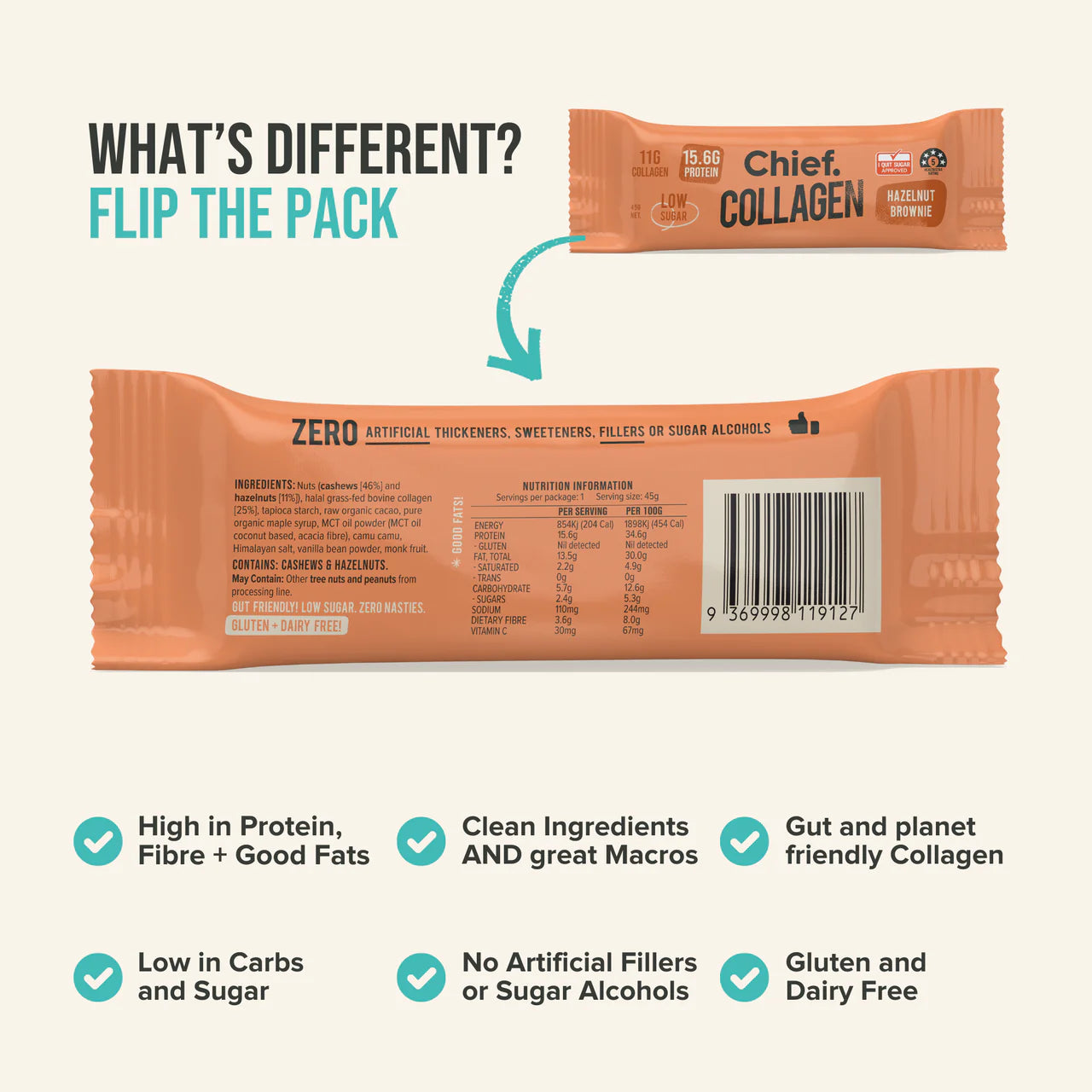 Chief Collagen Hazelnut Brownie Protein Bar (Single Bar)