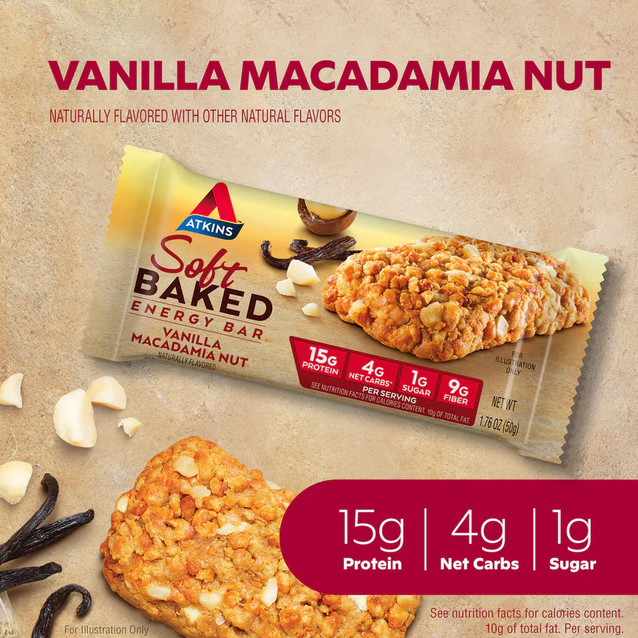 ATKINS Soft Baked Vanilla Macadamia Meal Bars - 5 Pack (50g per Bar)