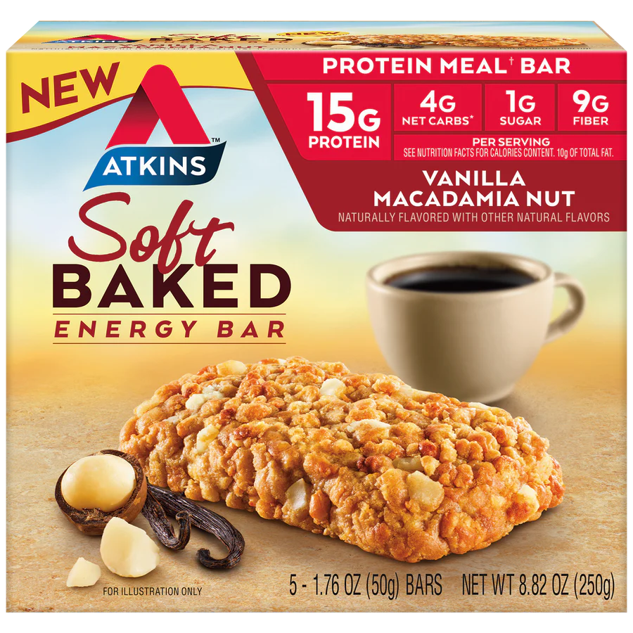 ATKINS Soft Baked Vanilla Macadamia Meal Bars - 5 Pack (50g per Bar)