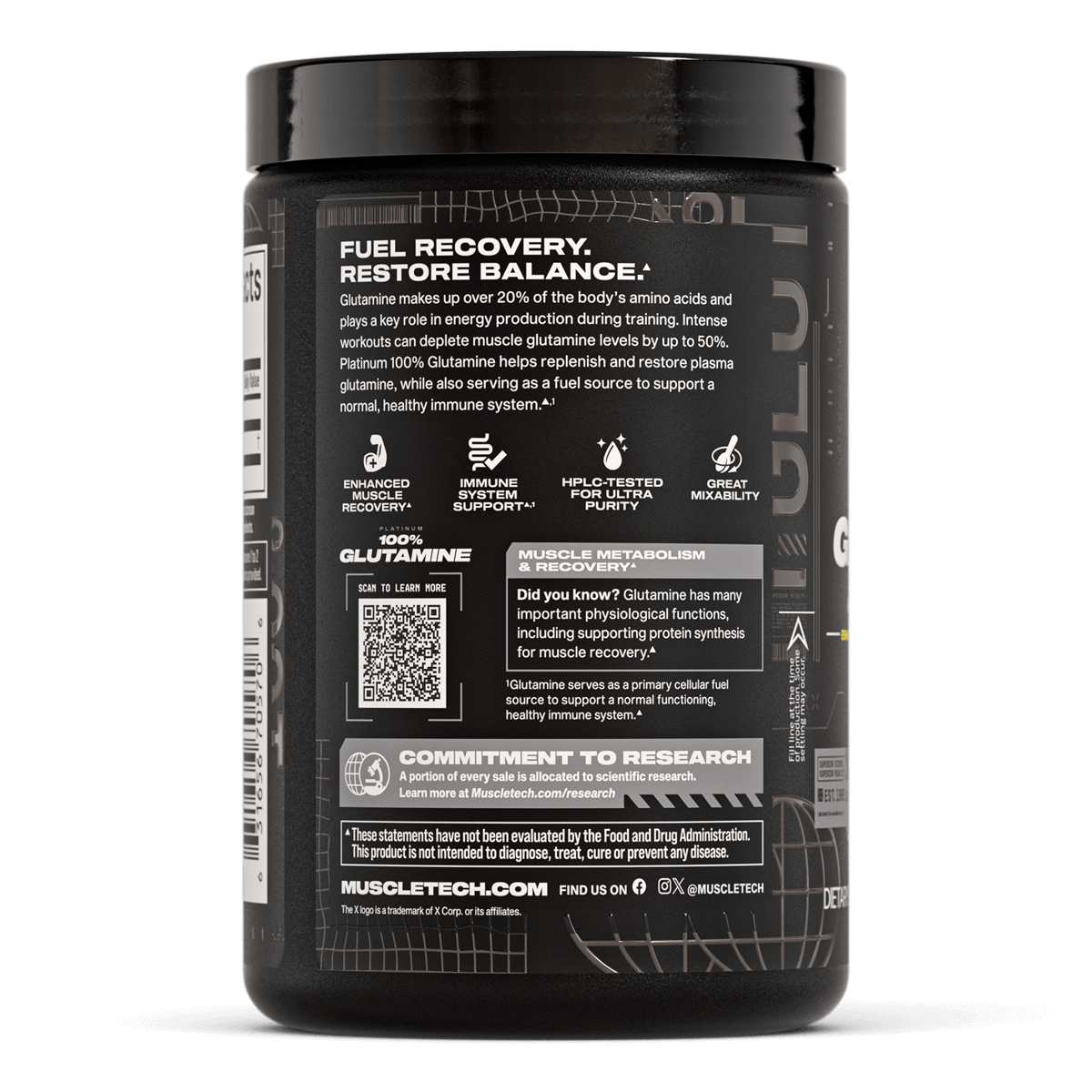 MuscleTech Platinum 100% Glutamine, Muscle Recovery - Unflavored - 60 Servings