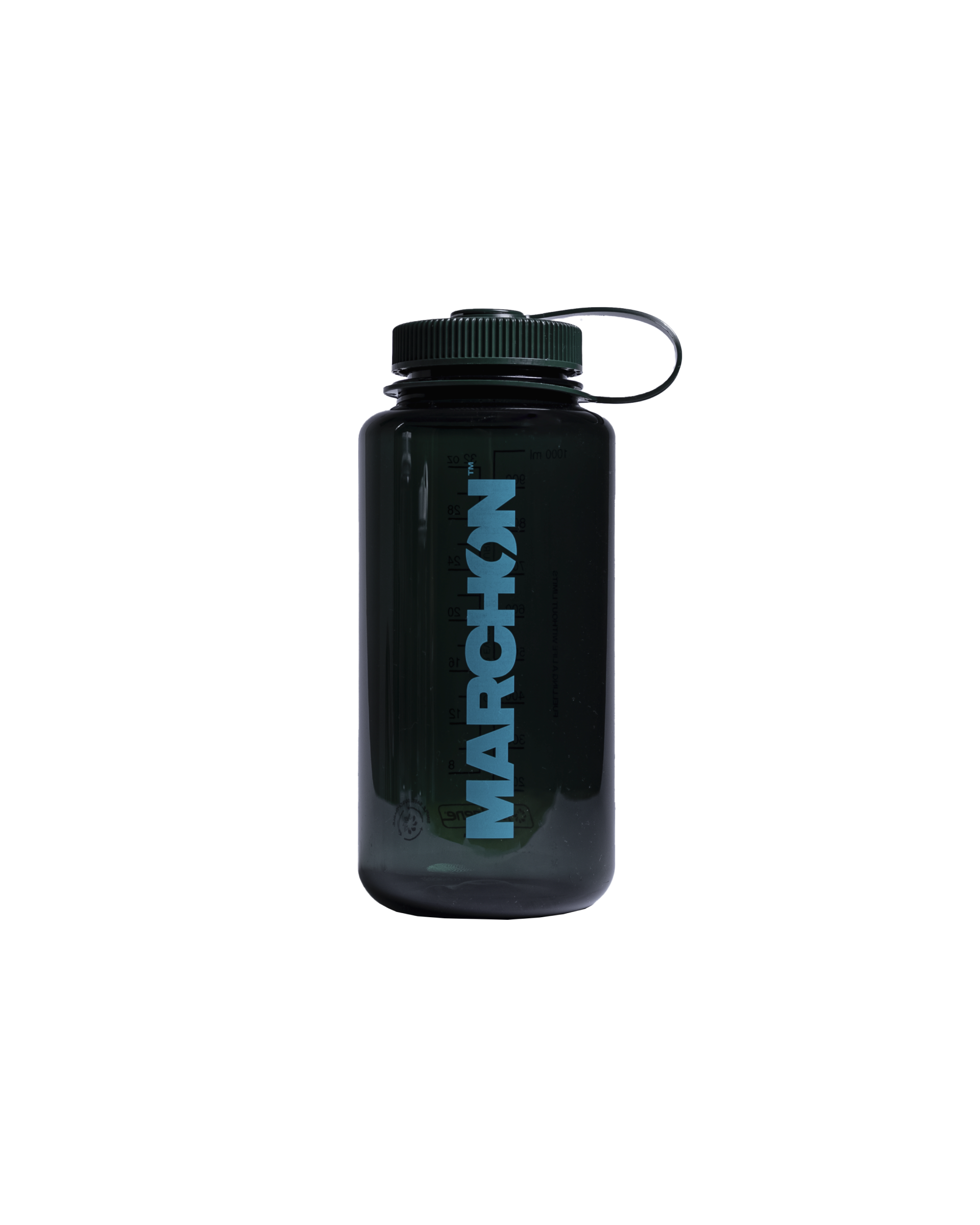 A clear, solid white Nalgene water bottle with a cap and a handle.