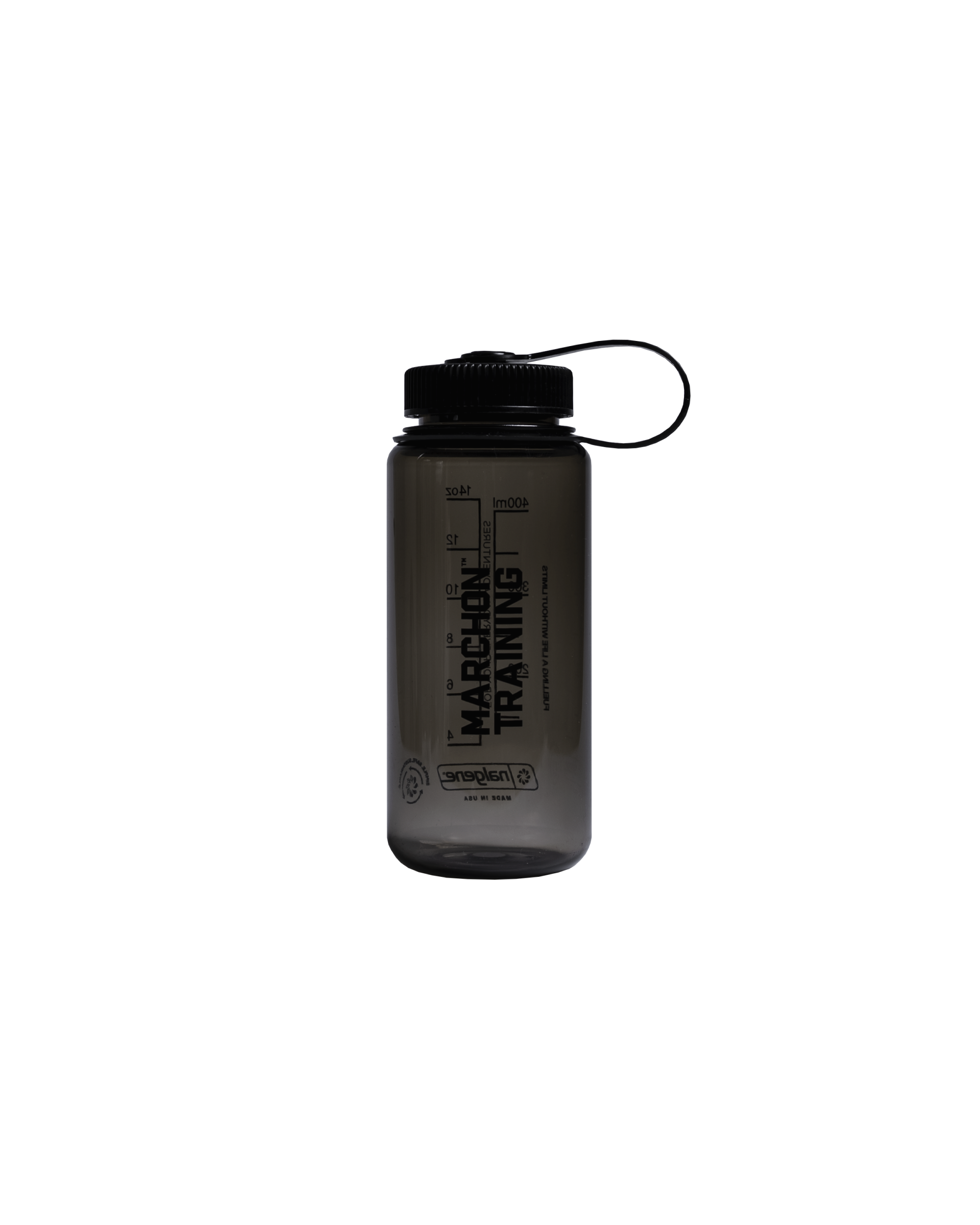 A clear Nalgene water bottle with green measurement markings and a blue cap, featuring a branded label.